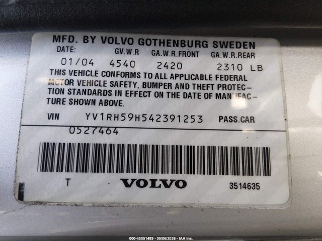 Aukcja sprzedaży 2004 Volvo S60 2.5t Awd, vin: YV1RH59H542391253, numer aukcji: 45051489