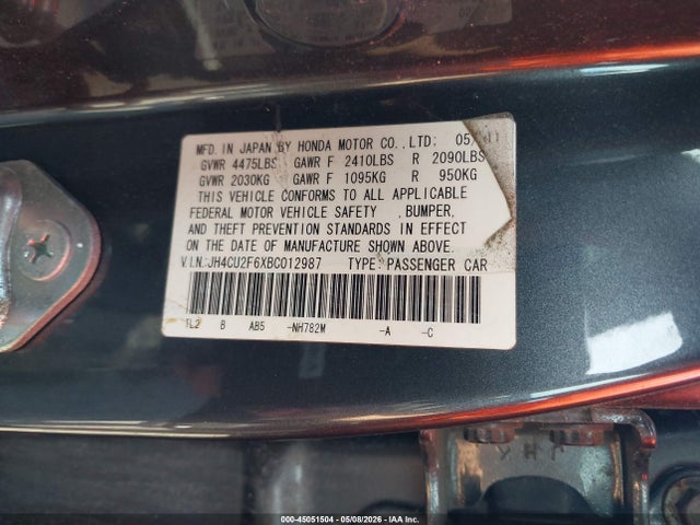 2011 Acura Tsx 2.4 მანქანა იყიდება აუქციონზე, vin: JH4CU2F6XBC012987, აუქციონის ნომერი: 45051504
