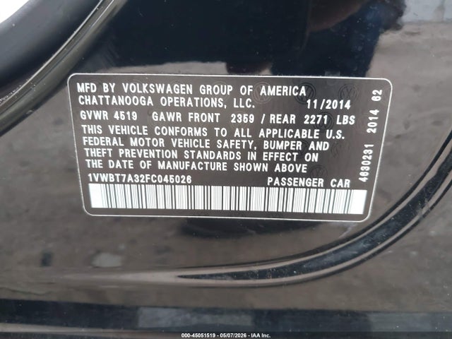 45051519 :رقم المزاد ، 1VWBT7A32FC045026 vin ، 2015 Volkswagen Passat 1.8t Se مزاد بيع