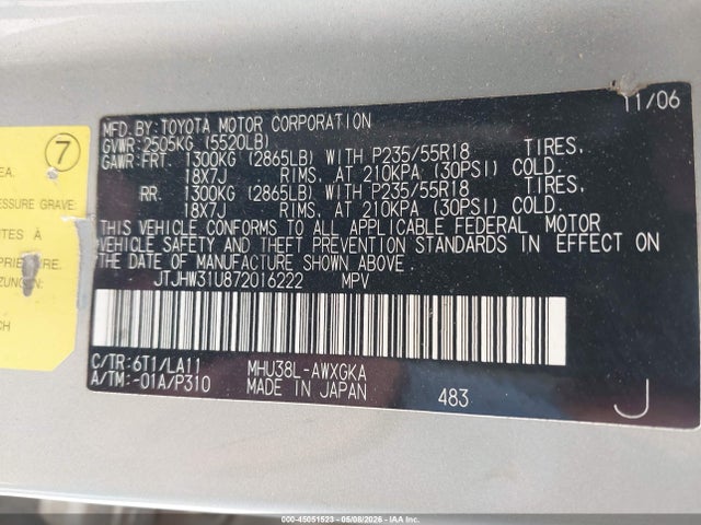 45051523 :رقم المزاد ، JTJHW31U872016222 vin ، 2007 Lexus Rx 400h مزاد بيع