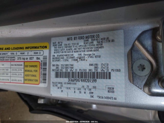 Aukcja sprzedaży 2017 Ford Fusion Se, vin: 3FA6P0H74HR201599, numer aukcji: 45051524