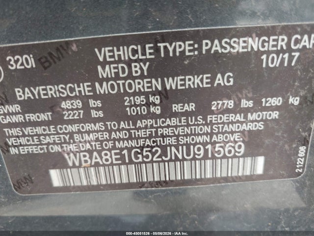 Продажа на аукционе авто 2018 Bmw 320i, vin: WBA8E1G52JNU91569, номер лота: 45051526