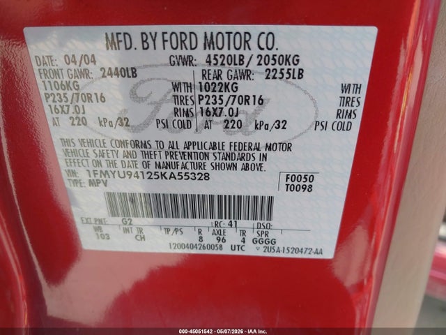2005 Ford Escape Limited მანქანა იყიდება აუქციონზე, vin: 1FMYU94125KA55328, აუქციონის ნომერი: 45051542