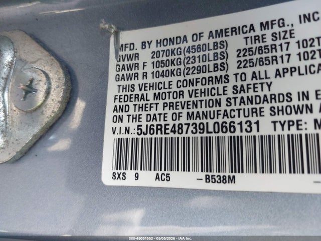 45051552 :رقم المزاد ، 5J6RE48739L066131 vin ، 2009 Honda Cr-v Ex-l مزاد بيع
