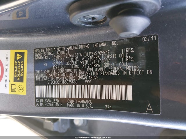 Aukcja sprzedaży 2011 Toyota Highlander Se V6, vin: 5TDBK3EHXBS075680, numer aukcji: 45051555