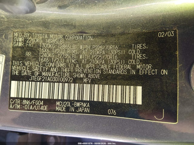 Aukcja sprzedaży 2003 Toyota Highlander V6, vin: JTEGF21A030100972, numer aukcji: 45051576