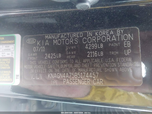 Aukcja sprzedaży 2011 Kia Optima Ex, vin: KNAGN4A75B5174457, numer aukcji: 45051580