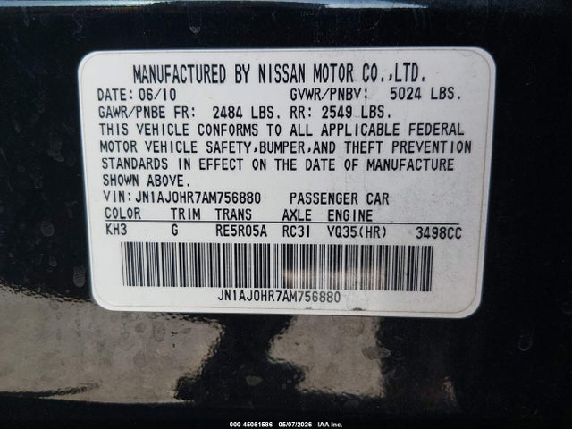 45051586 :رقم المزاد ، JN1AJ0HR7AM756880 vin ، 2010 Infiniti Ex35 Journey مزاد بيع