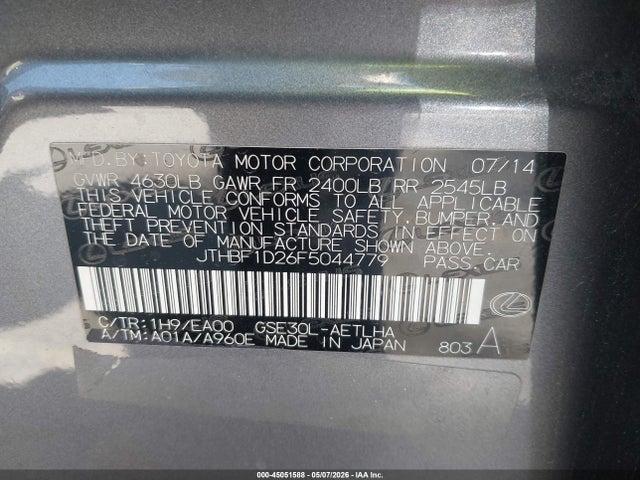 Продаж на аукціоні авто 2015 Lexus Is 250, vin: JTHBF1D26F5044779, номер лоту: 45051588