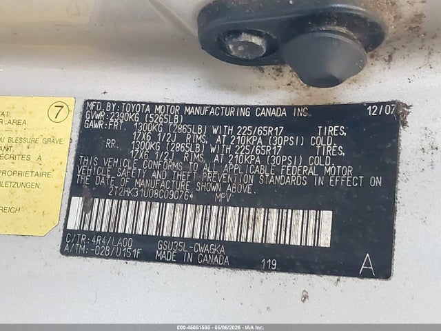 45051595 :رقم المزاد ، 2T2HK31U08C090764 vin ، 2008 Lexus Rx 350 مزاد بيع