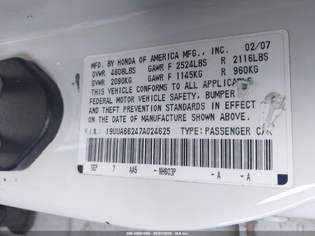 Aukcja sprzedaży 2007 Acura Tl 3.2, vin: 19UUA66247A024625, numer aukcji: 45051598