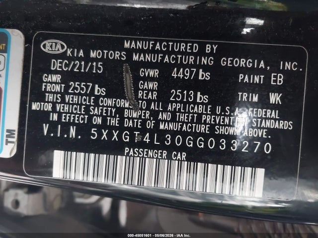 2016 Kia Optima Lx მანქანა იყიდება აუქციონზე, vin: 5XXGT4L30GG033270, აუქციონის ნომერი: 45051601