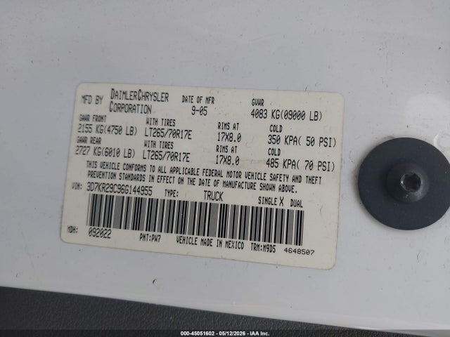 2006 Dodge Ram 2500 Slt მანქანა იყიდება აუქციონზე, vin: 3D7KR29C96G144955, აუქციონის ნომერი: 45051602