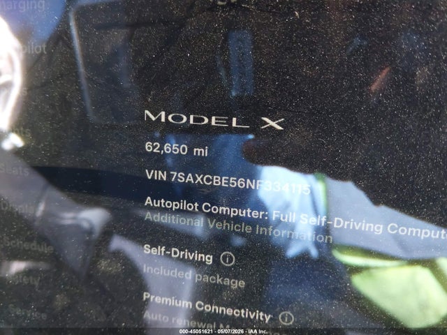 2022 Tesla Model X Dual Motor All-wheel Drive მანქანა იყიდება აუქციონზე, vin: 7SAXCBE56NF334115, აუქციონის ნომერი: 45051621
