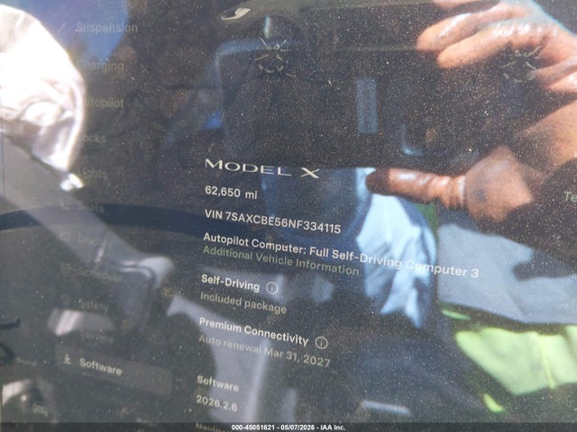 2022 Tesla Model X Dual Motor All-wheel Drive მანქანა იყიდება აუქციონზე, vin: 7SAXCBE56NF334115, აუქციონის ნომერი: 45051621