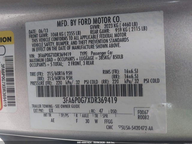 2013 Ford Fusion S მანქანა იყიდება აუქციონზე, vin: 3FA6P0G7XDR369419, აუქციონის ნომერი: 45051624