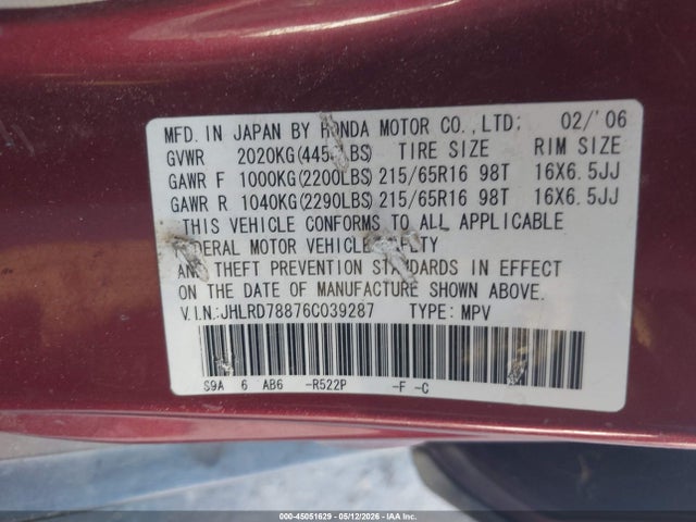 Auction sale of the 2006 Honda Cr-v Ex, vin: JHLRD78876C039287, lot number: 45051629