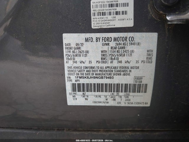 45051633 :رقم المزاد ، 1FMSK8JH9NGB79493 vin ، 2022 Ford Explorer Timberline مزاد بيع