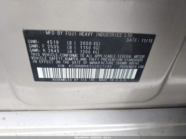 Aukcja sprzedaży 2016 Subaru Legacy 2.5i Limited, vin: 4S3BNBN65G3027240, numer aukcji: 45051643