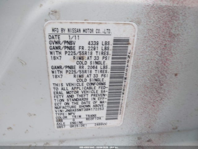 45051645 :رقم المزاد ، JN8AS5MT3BW172253 vin ، 2011 Nissan Rogue Sv مزاد بيع