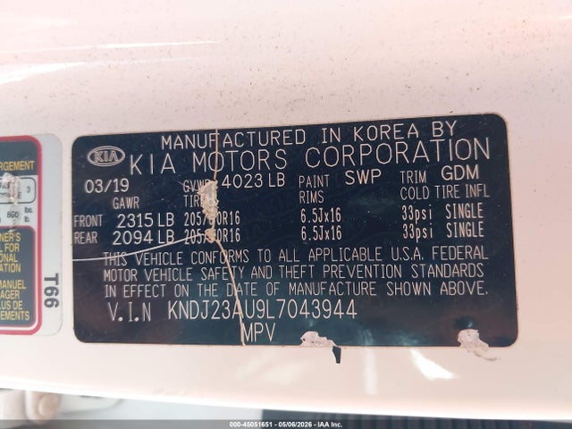 45051651 :رقم المزاد ، KNDJ23AU9L7043944 vin ، 2020 Kia Soul S مزاد بيع