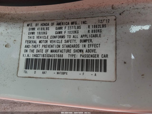 45051655 :رقم المزاد ، 1HGCT1B35DA007688 vin ، 2013 Honda Accord Lx-s مزاد بيع