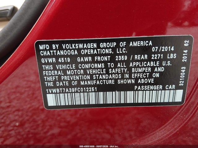 45051659 :رقم المزاد ، 1VWBT7A39FC012251 vin ، 2015 Volkswagen Passat 1.8t Se مزاد بيع