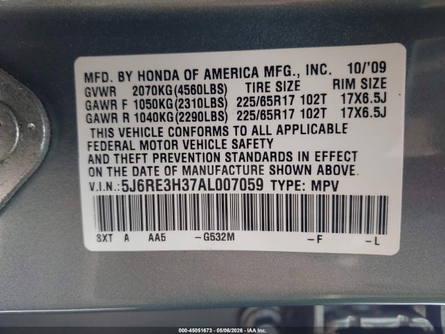 Продаж на аукціоні авто 2010 Honda Cr-v Lx, vin: 5J6RE3H37AL007059, номер лоту: 45051673
