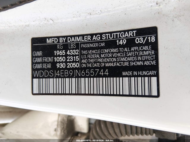 Aukcja sprzedaży 2018 Mercedes-benz Cla 250, vin: WDDSJ4EB9JN655744, numer aukcji: 45051675