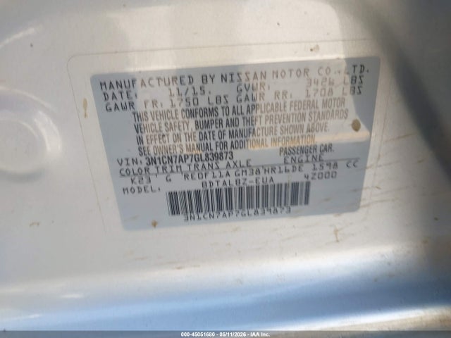 3N1CN7AP7GL839873 Nissan Versa 1.6 S/1.6 S+/1.6 Sl/1.6 Sv