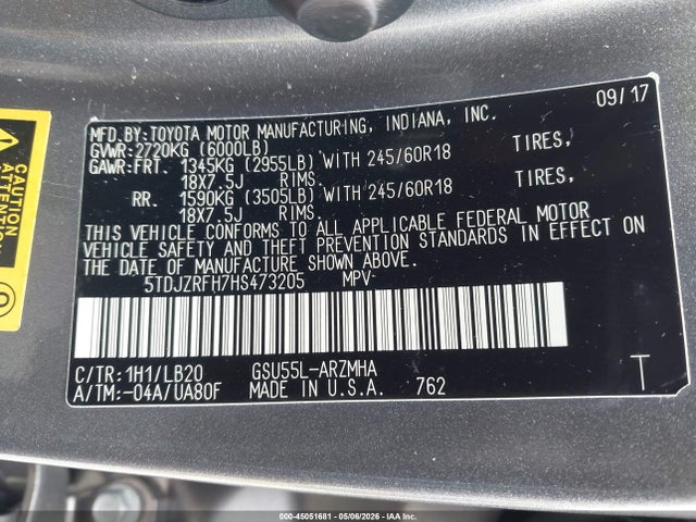 5TDJZRFH7HS473205 Toyota Highlander Xle
