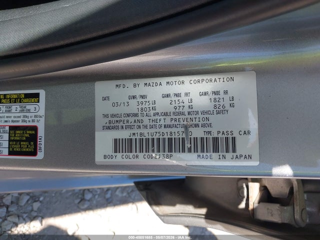 45051685 :رقم المزاد ، JM1BL1U75D1815730 vin ، 2013 Mazda Mazda3 I Sport مزاد بيع