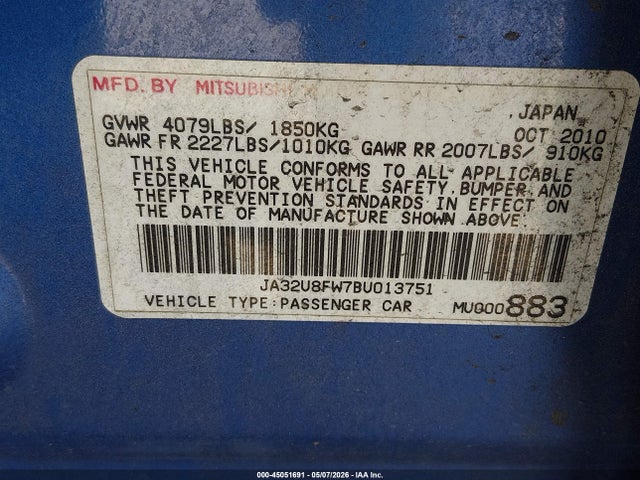 Продажа на аукционе авто 2011 Mitsubishi Lancer Gts, vin: JA32U8FW7BU013751, номер лота: 45051691