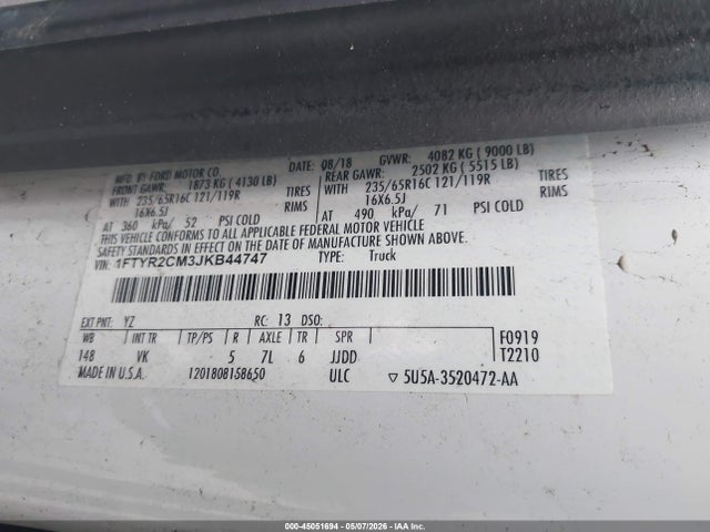 Aukcja sprzedaży 2018 Ford Transit-250, vin: 1FTYR2CM3JKB44747, numer aukcji: 45051694