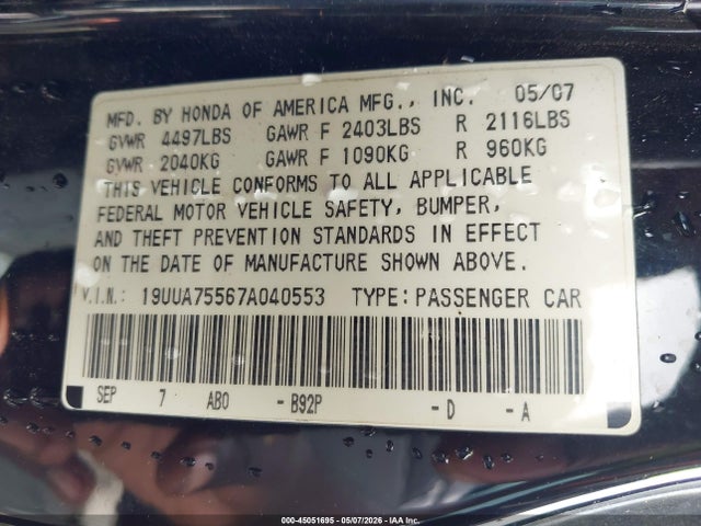 Aukcja sprzedaży 2007 Acura Tl Type S, vin: 19UUA75567A040553, numer aukcji: 45051695