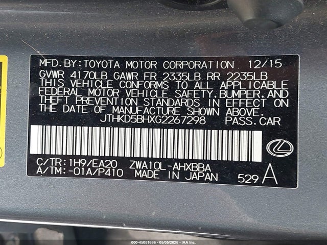2016 Lexus Ct 200h მანქანა იყიდება აუქციონზე, vin: JTHKD5BHXG2267298, აუქციონის ნომერი: 45051696