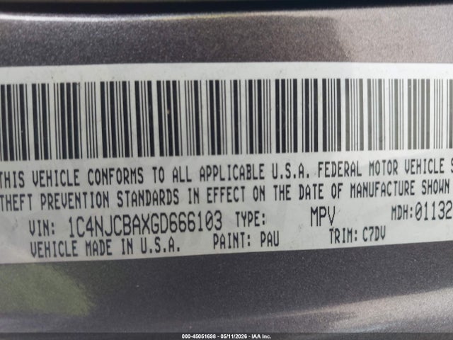 45051698 :رقم المزاد ، 1C4NJCBAXGD666103 vin ، 2016 Jeep Compass Sport مزاد بيع