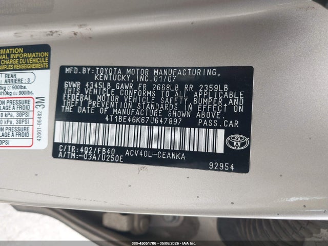 Aukcja sprzedaży 2007 Toyota Camry Le, vin: 4T1BE46K67U647897, numer aukcji: 45051706