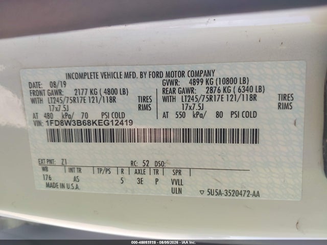 45051715 :رقم المزاد ، 1FD8W3B68KEG12419 vin ، 2019 Ford F-350 Xl مزاد بيع