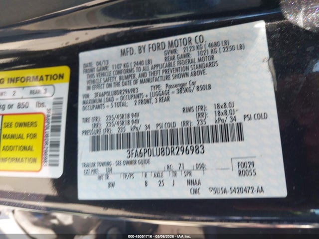 2013 Ford Fusion Hybrid Se მანქანა იყიდება აუქციონზე, vin: 3FA6P0LU8DR296983, აუქციონის ნომერი: 45051716