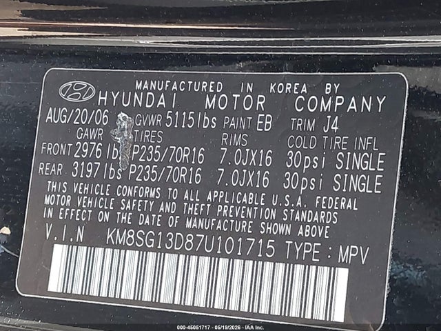 Aukcja sprzedaży 2007 Hyundai Santa Fe Gls, vin: KM8SG13D87U101715, numer aukcji: 45051717
