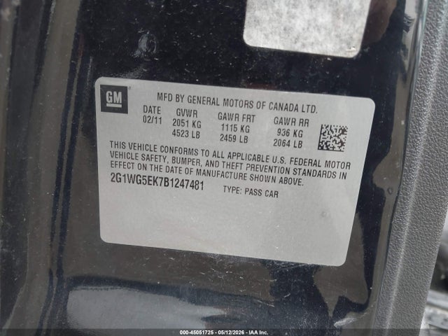 45051725 :رقم المزاد ، 2G1WG5EK7B1247481 vin ، 2011 Chevrolet Impala Lt مزاد بيع
