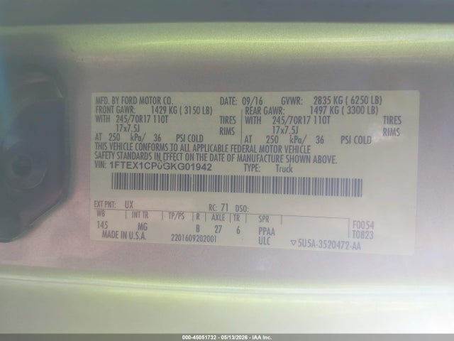 1FTEX1CP0GKG01942 Ford F-150 Xlt