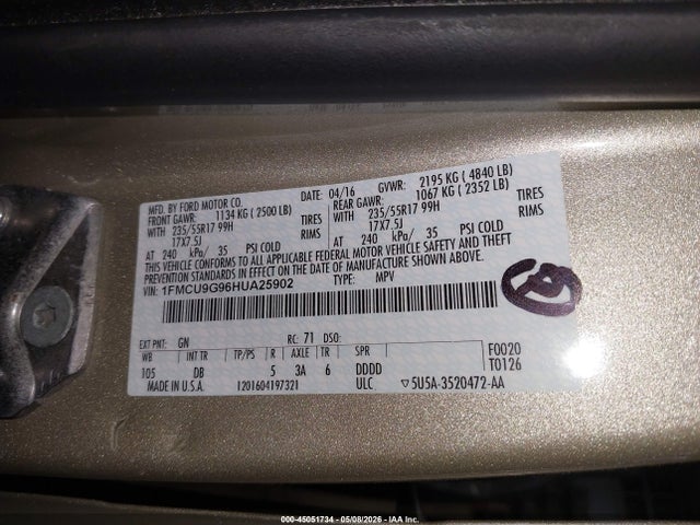 45051734 :رقم المزاد ، 1FMCU9G96HUA25902 vin ، 2017 Ford Escape Se مزاد بيع