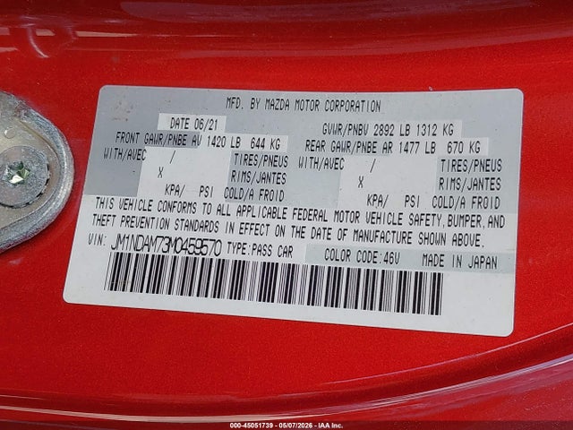 Продажа на аукционе авто 2021 Mazda Mx-5 Miata Rf Grand Touring, vin: JM1NDAM73M0459570, номер лота: 45051739