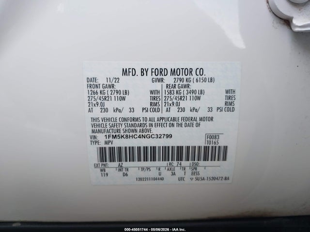 Aukcja sprzedaży 2022 Ford Explorer Platinum, vin: 1FM5K8HC4NGC32799, numer aukcji: 45051744