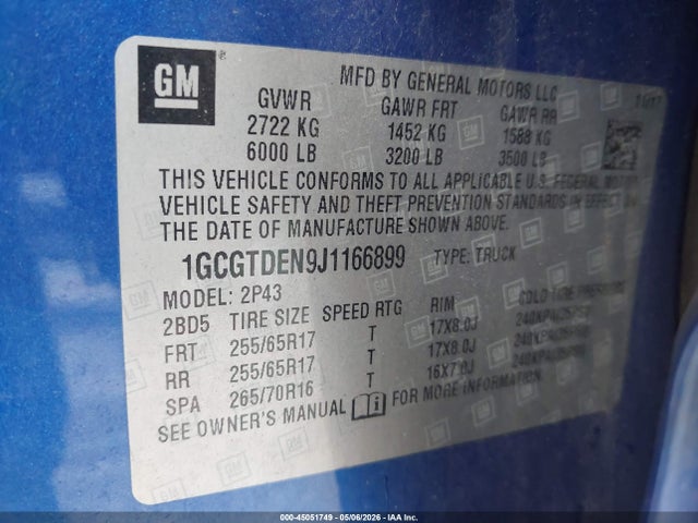 Aukcja sprzedaży 2018 Chevrolet Colorado Z71, vin: 1GCGTDEN9J1166899, numer aukcji: 45051749