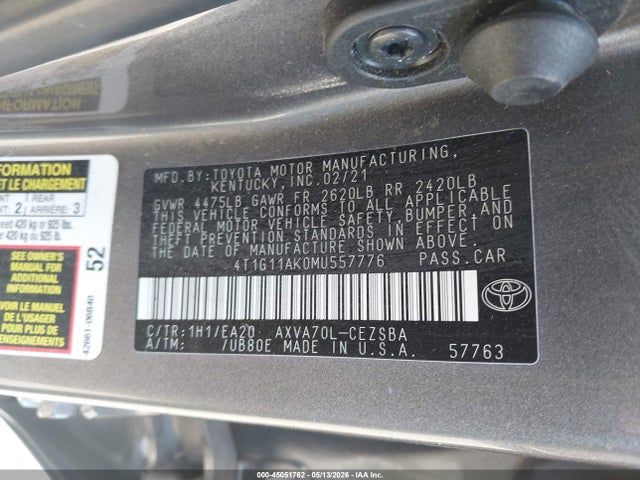 Продаж на аукціоні авто 2021 Toyota Camry Se, vin: 4T1G11AK0MU557776, номер лоту: 45051762