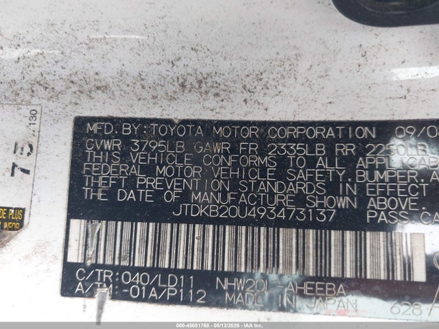 Aukcja sprzedaży 2009 Toyota Prius, vin: JTDKB20U493473137, numer aukcji: 45051768