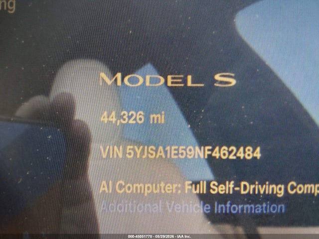45051770 :رقم المزاد ، 5YJSA1E59NF462484 vin ، 2022 Tesla Model S Dual Motor All-wheel Drive مزاد بيع